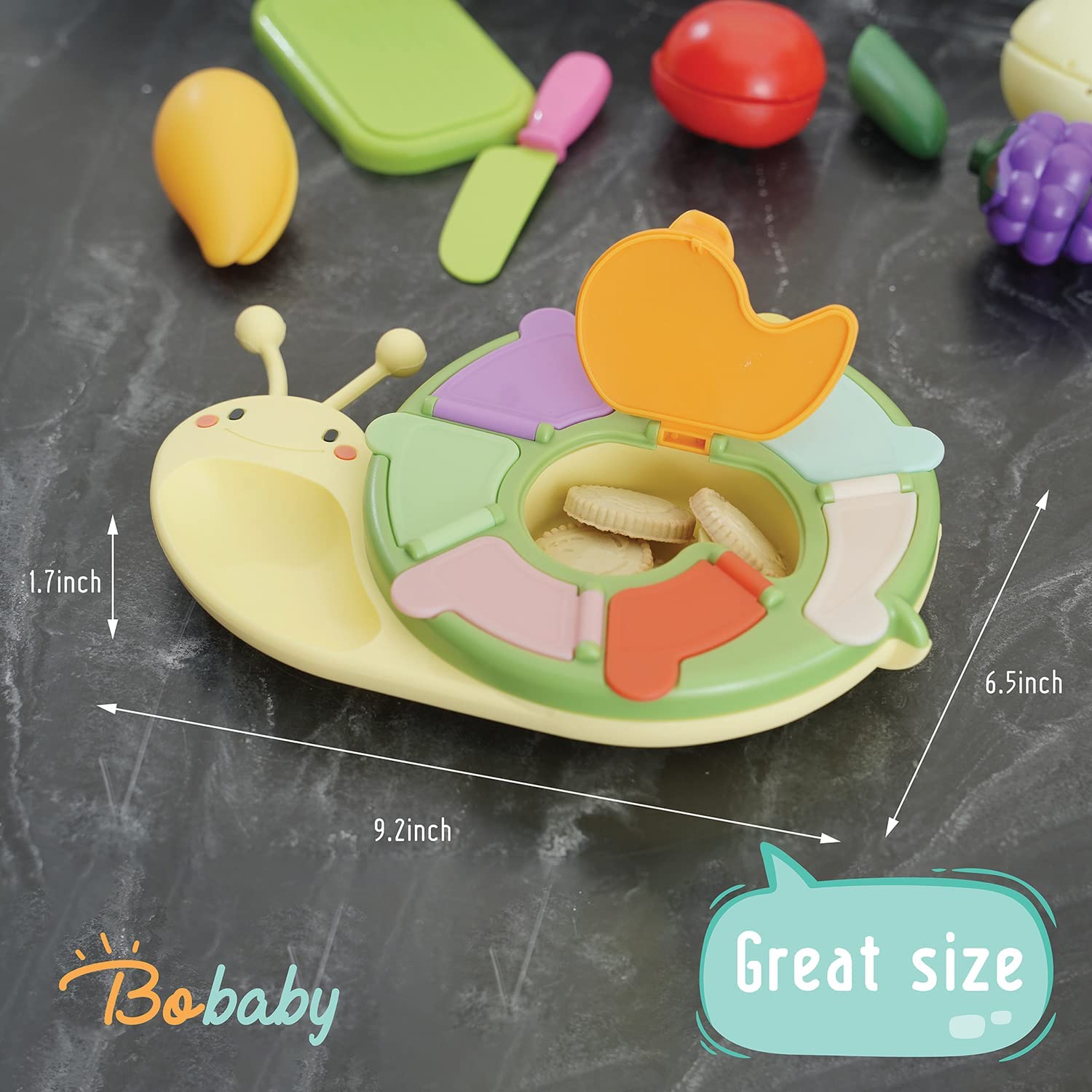 BoBaby Snail Snacker - Toddler Snack Container with 8 Sections and Lid | Food Grade Materials | Dishwasher Safe | Non-Skid Base | for Kids, Babies, Home & Travel | Educational (Pink) - Image 8